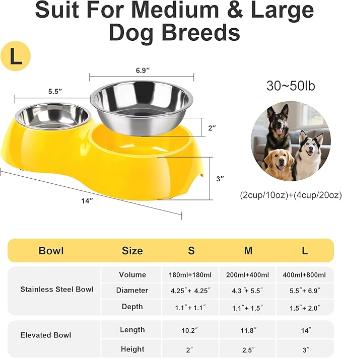 Elevated Dog Bowls Set - Non-Slip Raised Pet Feeder with Medium (2 Cups) & Large (4 Cups) Stainless Steel Bowls - Includes Durable Resin Stand for Corgi Puppies and Adult Cats - Yellow