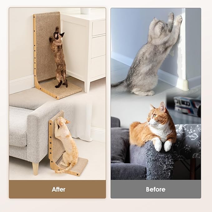 EHEYCIGA Cardboard Cat Scratcher for Indoor Cats, 32 Inch L Shaped Vertical Cat Scratching Board with Ball Cat Toy, Extra Large Cat Scratcher Pad, Brown