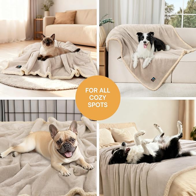 Waterproof Pet Blanket, Liquid Pee Proof Dog Blanket for Sofa Bed Couch, Reversible Sherpa Fleece Furniture Protector Cover for Small Medium Large Dogs Cats, Grey Beige Large（65" x 57"）