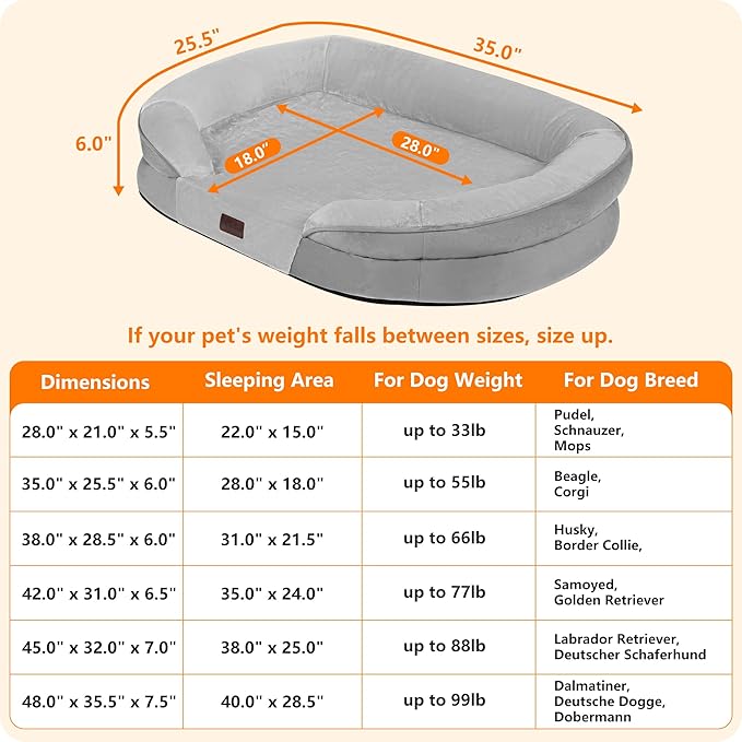 Dwanton Orthopedic Dog Bed for Medium Dogs with Gel Memory Foam, Waterproof Dog Sofa, Washable Pet Bed with Four Sided Bolster Cushion, Removable Cover & Non-Slip Bottom, 35", Light Gray