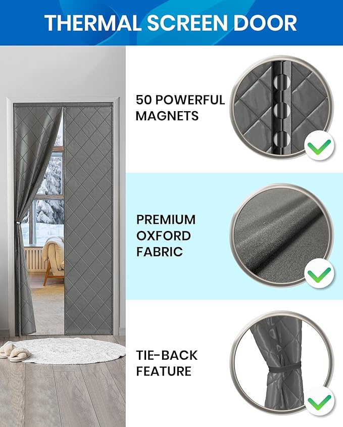 Flux Phenom Thermal Insulated Door Cover - Easy Install - Temperature Protection Barrier, Keeps Warm Air in, 50 Magnets for Secure Gap Free Closure, Magnetic Door Curtain for Winter - 40"x82"