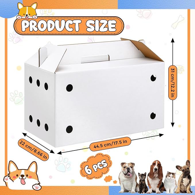 6 Pack Cardboard Pet Carrier 17.5 x 8.66 x 12.2 Inches Small Animal White Puppy Cat Pet Transport Carrier Cardboard Box for Chicken Hamsters Gerbils Birds Travel Box