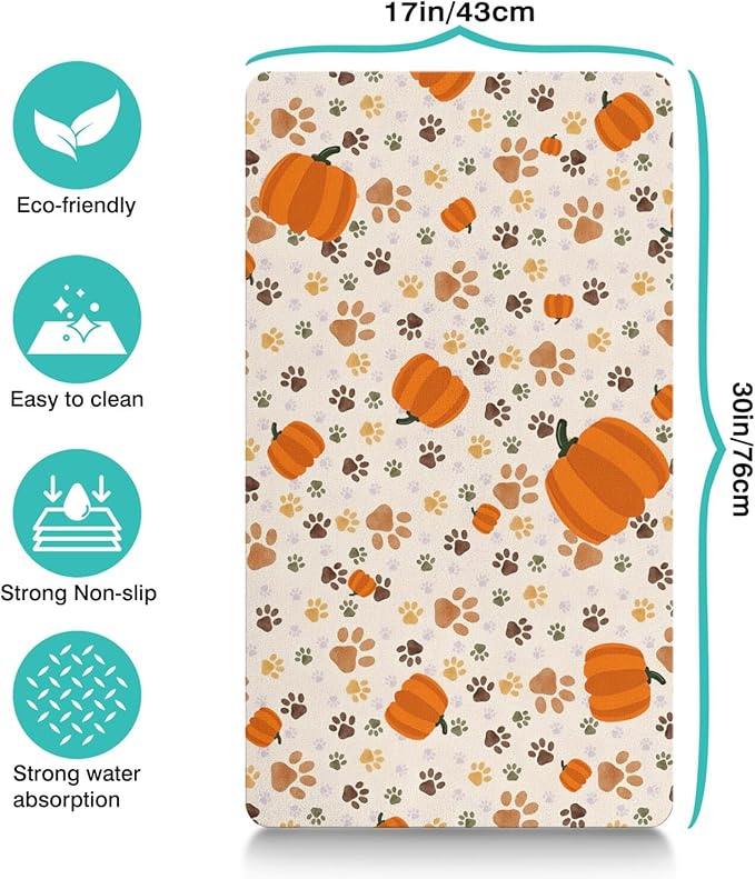 Fall Pumpkin Dog Food & Water Mat, Paw Prints Autumn Pet Feeding Mat for Floor Non-Slip Waterproof, Super Absorbent Cat Bowl Mat, Easy to Clean Eco-Friendly Durable Pet Placemat,17" × 30"