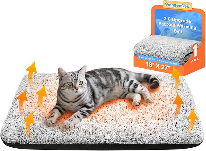 Self Warming Pet Bed for Cats & Dogs, Heated Pet Mat, 2.0 Upgraded Thermal Foil Heating Pad, Plush Self-Heating Bed for Crate, Floor, with Removable Washable Cover, Non-Slip, Gray, 18"x27"