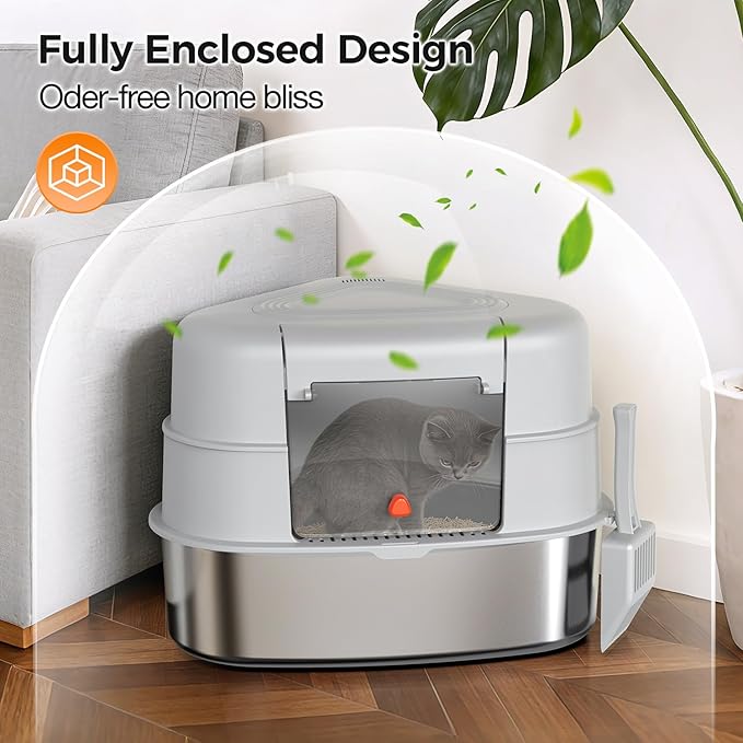 XL Stainless Steel Corner Cat Litter Box with Lid - Sturdy, No Odor & Space-Saving Hidden Design for Large Cats, Grey