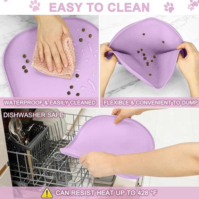 Small Silicone Pet Food Mat with Raised Edge for Food and Water Bowl, Square Dog Feeding Mats, Cat Food Trays for Floor Waterproof, Rubber Tray for Dogs and Cats, 12 x 12 x 0.7 Lavender