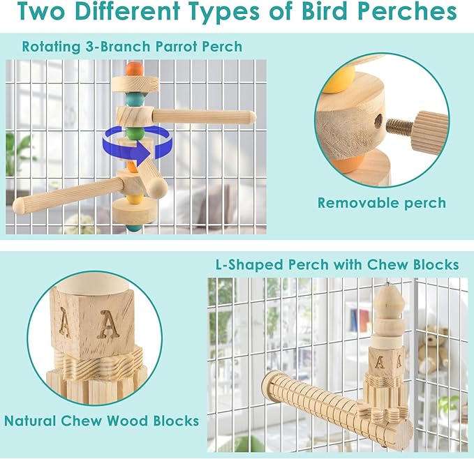 3pcs Natural Wood Bird Perch Toys, Rotating Perch Stand, L-Shaped Perches with Chew Block, Hanging Cork Stopper Toy, Birdcage Accessories for Small Medium Parrots Cockatiels Quaker Caique