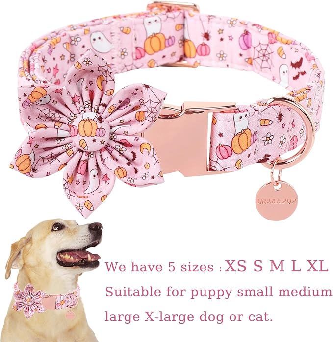 Halloween Dog Collar With Flower, Pink Puppy Collar With Adjustable Metal Buckle, Fancy Bowtie Gift for Girl Boy Dog, L