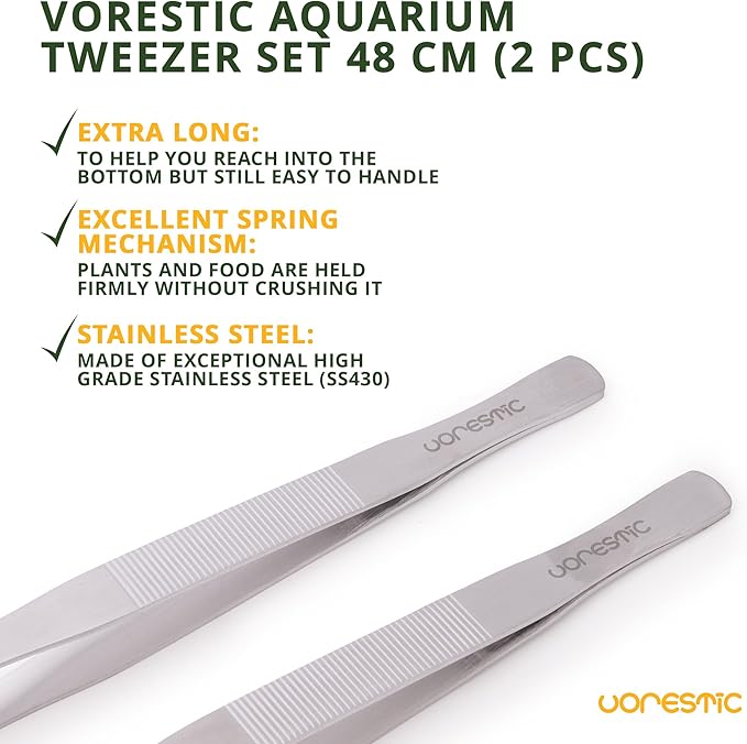VORESTIC Straight and Curved Aquarium Tweezers Set 18 Inch, Stainless Steel Long Tweezers for Fish Tank Planting, Aquascaping, Reptile Feeding Tongs, Terrarium Tool and Aquarium Tongs