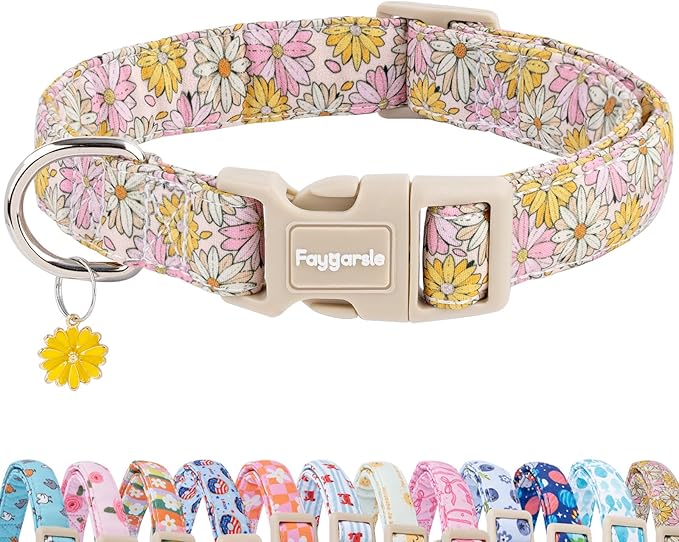 Faygarsle Floral Girl Dog Collar, Cotton Fabric with Daisies Pattern, Pink and Yellow Summer Spring Design for Small Medium Large Dogs XS