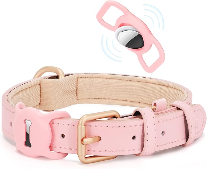 WHIPPY Airtag Leather Dog Collar GPS Tracker Air Tag Puppy Collar Adjustable Soft Leather Padded Dog Collar with Airtag Holder Case for Small Medium Large Dog Pet Backpack,Pink,M