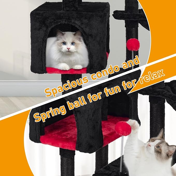 KIYUMI Cat Tree Cat Tower Condo with Sisal Scratching Post for Indoor Cats Cat Tree Cat Furniture with Hammock Perch and Kitten Ball Toys, Multi-Level Pet Activity Center,RedBlack