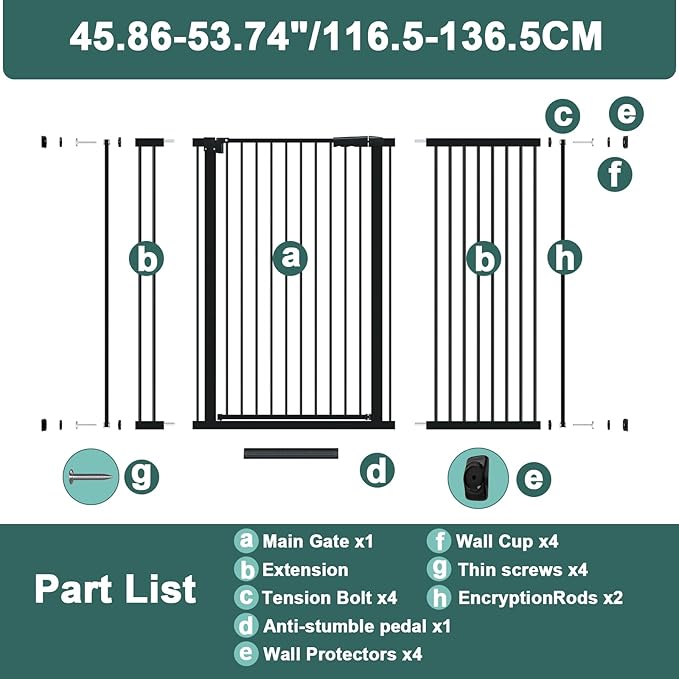 40.55" Tall, 45.86-53.74 Inch Wide, 1.37" Ultra Narrow Spacing Dog Pet Baby Gate Indoor for Doorway Hallway, Pressure Mounted 46 47 48 49 50 51 52 53 Inches Wide Black
