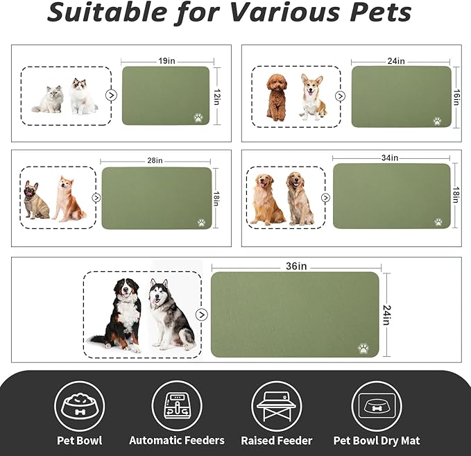 Dog Food Mat - Absorbent Cat Mat for Food and Water, No Stains Pet Feeding Bowl Mat, Easy to Clean Pet Placemats, Quick Dry Dog Water Dispenser Mat for Messy Drinkers | Paw Green 18"x34"