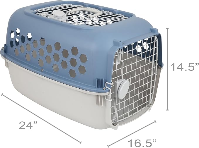 24" Pet Kennel Carrier for Small Dogs & Cats - Portable & Travel-Ready Two-Door (Top/Front Loading), Durable Blue Plastic