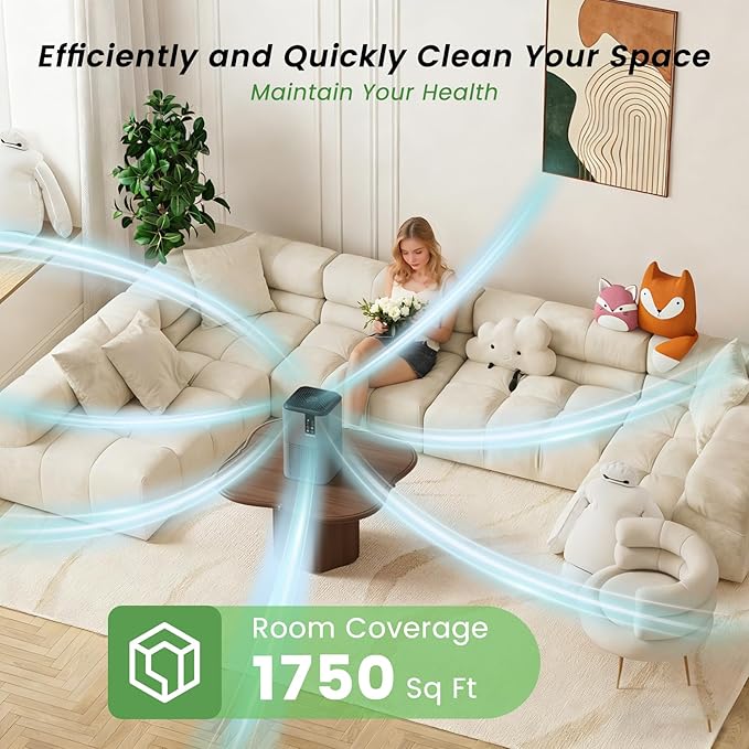 Air Purifiers for Home Large Room Up to 1750ft²,3-in-1 Filter with Sleep Mode,Air Purifier with Aromatherapy Diffuser for Office,Living Room,Bedroom,Remove Smoke Odor,Home Pets,Grey Black