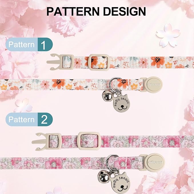 Lionet Paws 2pcs Pack Cotton Cat Collar,Breakaway Buckle with Floral Pattern and Brand Pendant Cute Adjustable Cat Kitten Collar,Ideal for Girl Cats