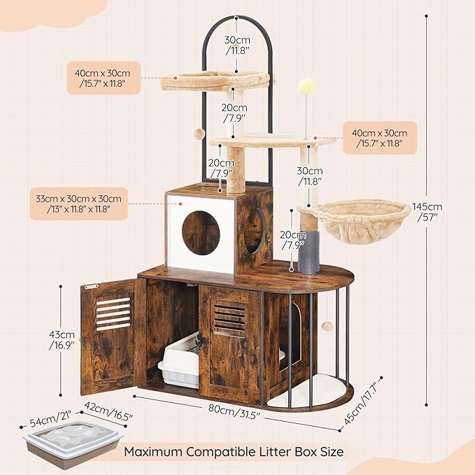 HOOBRO Cat Tree with Litter Box Enclosure, All-in-One 31.5" Cat Tower with Hidden Litter Box Cover Furniture for Indoor Cats, Versatile Cat Condo with Sisal Posts, Hammock, Rustic Brown FG45MZ03
