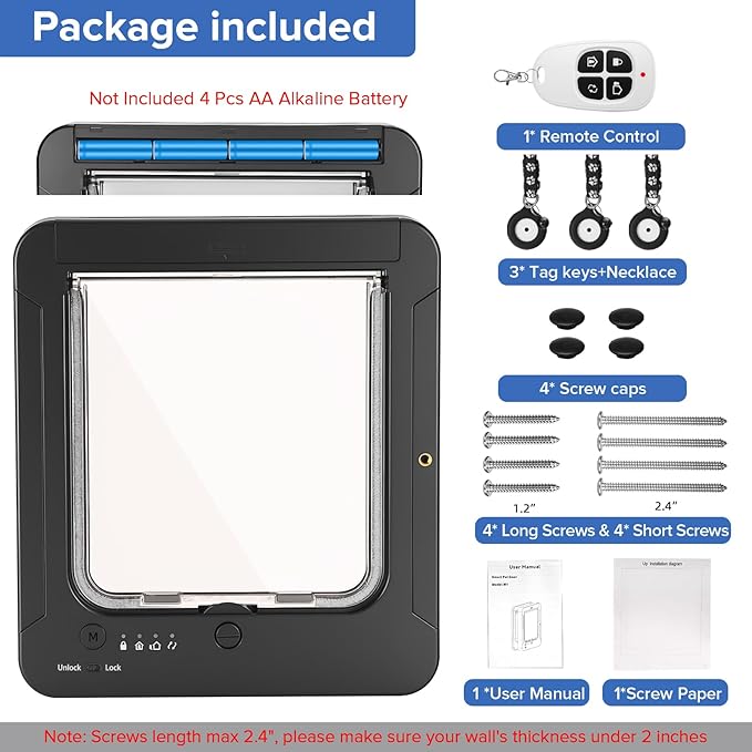 Smart Cat Door for Interior & Exterior, Cat Pet Door with 3 Collar Sensor Keys & 1 Remote Control & 4 Way Locking Cat Flap with RFID Collar Activated Opening