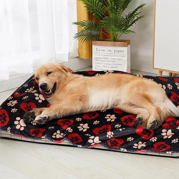 Dog Blankets for Large Dogs, 80"x60" Blanket Washable, Fuzzy Soft Pet Mat Throw Cover for Kennel Crate Bed, Cute Paw Pattern, Cat Blanket, Gifts Medium Small Pet Essentials, Black Red
