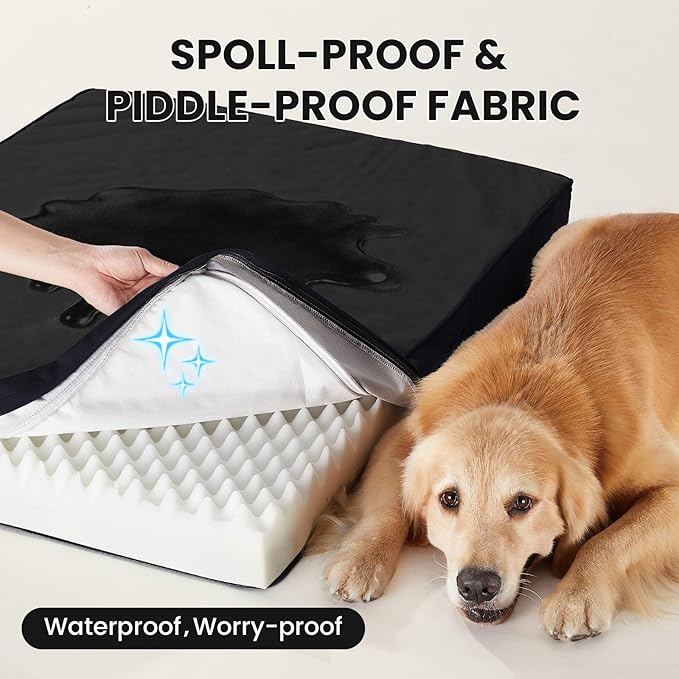 OhGeni Orthopedic Waterproof Dog Bed for Large Dogs, Machine-Washable Removable Cover in Easy-Clean Fabric, High Density Foam & Easy-Carry Handle, Suitable for Crate, 41 inch (Black)