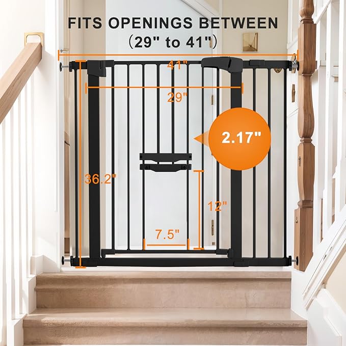 FURTIME 29"-41" Baby Gate with Cat Door Adjustable, Auto Close Dog Gate for Stairs,Doorways and House, Metal Pet Door Pressure Mounted,Easy Install, Effortless Walk Thru, Black