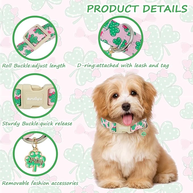St. Patrick's Day Dog Collar,Pink Bow with Lucky Shamrock Puppy Collar,Adjustable Spring Cotton Collars Gifts for Small Medium Large Dogs,Dog Accessories L