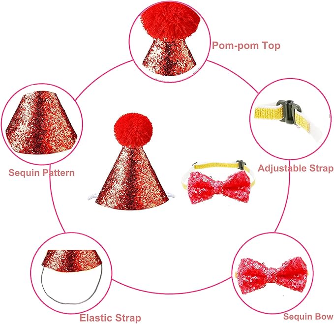 Christmas Pet Party Jazz Hat and Blingbling Bow Tie Breakaway Collar Set, Adjustable Headband for Kitten Puppy Small Dogs Cats (Sequin-Red)