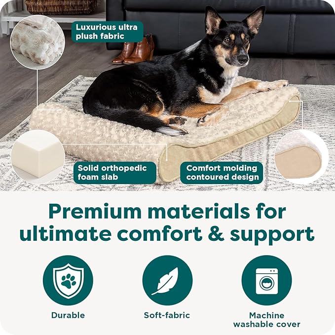 FurHaven Orthopedic Dog Bed for Large/Medium Dogs, Luxe Lounger Contour Mattress with Medical-Grade Solid Orthopedic Foam for Joint Support, Removable Washable Cover, Large, Plush Suede, Cream