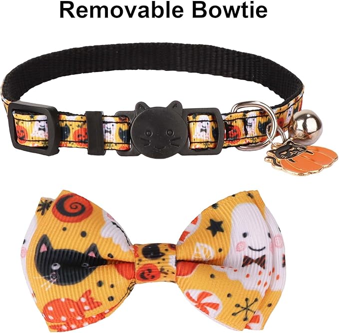 ADOGGYGO Halloween Cat Collars with Bow Bell, Orange Purple Pumpkin Bowtie, Breakaway Halloween Collars for Cats Kittens
