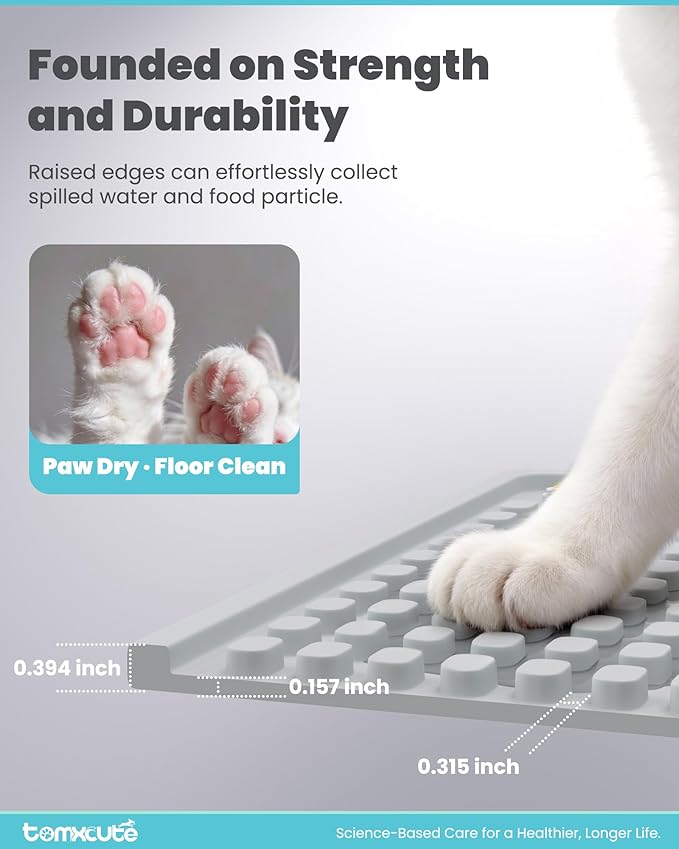 Tomxcute Extra Thick Pet Feeding Mat 19.7" x 14.2", BPA-Free Food-Grade PVC, Waterproof Raised Edge Non-Slip Bowl Mat for Cat Water Fountain & Automatic Feeder, Textured Fast-Drain, Brush Included
