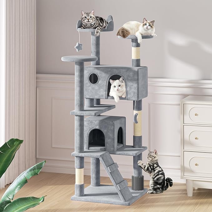 MoNiBloom 70 Inch Cat Tree Tower for Indoor Cats Large Adults, Tall Cat Tower with Scratching Post, Multi-Level Furniture Activity Center with Cat Condo Pet Play House, Light Grey