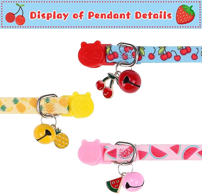 Breakaway Cat Collars with Bell & Cute Pendants, 3 Pack Safety Buckle Kitten Collars, Adjustable Pet Collar Ideal for Girl Boy Cats Puppy (Style A - New Fruit)