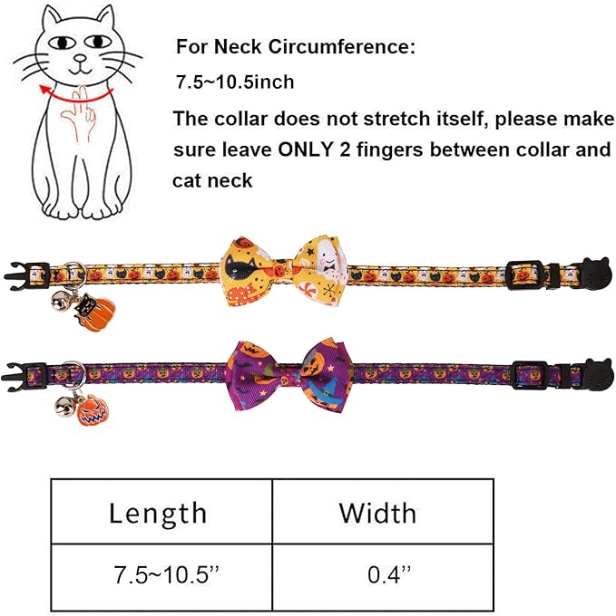 ADOGGYGO Halloween Cat Collars with Bow Bell, Orange Purple Pumpkin Bowtie, Breakaway Halloween Collars for Cats Kittens