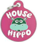 Bad Tags Personalized Dog and Cat ID Tags in 25+ Designs and 2 Sizes - 5 Lines of Custom Engraved Text - Funny Cute Personalized Pet Tags (House Hippo - Pink, Small (1 inch))
