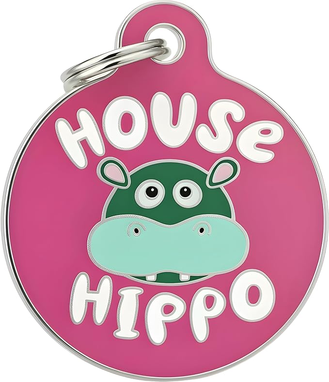Bad Tags Personalized Dog and Cat ID Tags in 25+ Designs and 2 Sizes - 5 Lines of Custom Engraved Text - Funny Cute Personalized Pet Tags (House Hippo - Pink, Large (1.25 inch))