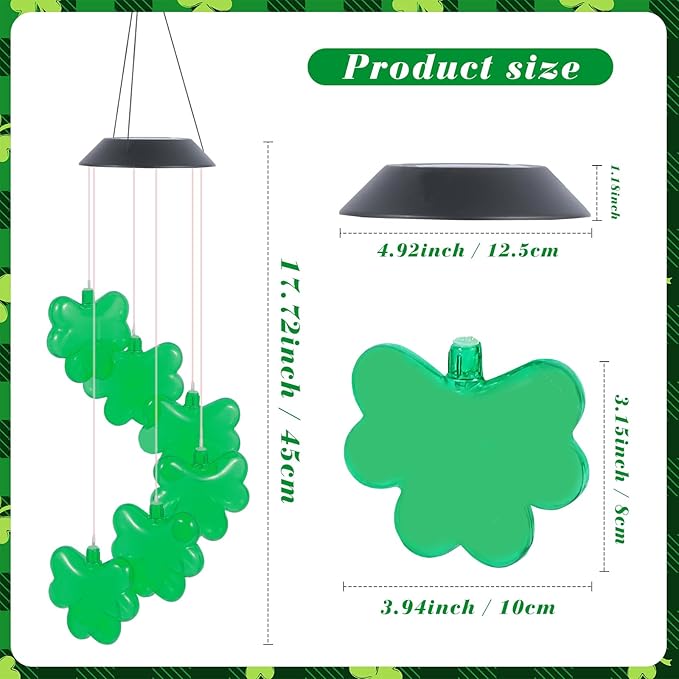 St. Patrick's Day Solar Shamrock Wind Chimes, Green Shamrock Solar Lights Outdoor Mobile Wind Chime for Party Window Garden Yard Decorations, Birthday Irish Gifts for Mom Women Grandma