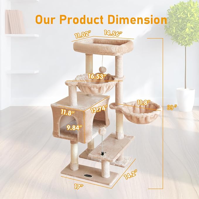 KIYUMI Cat Tree Cat Tower Condo with Sisal Scratching Post for Indoor Cats Cat Tree Cat Furniture with Hammock Perch and Kitten Ball Toys, Multi-Level Pet Activity Center Beige