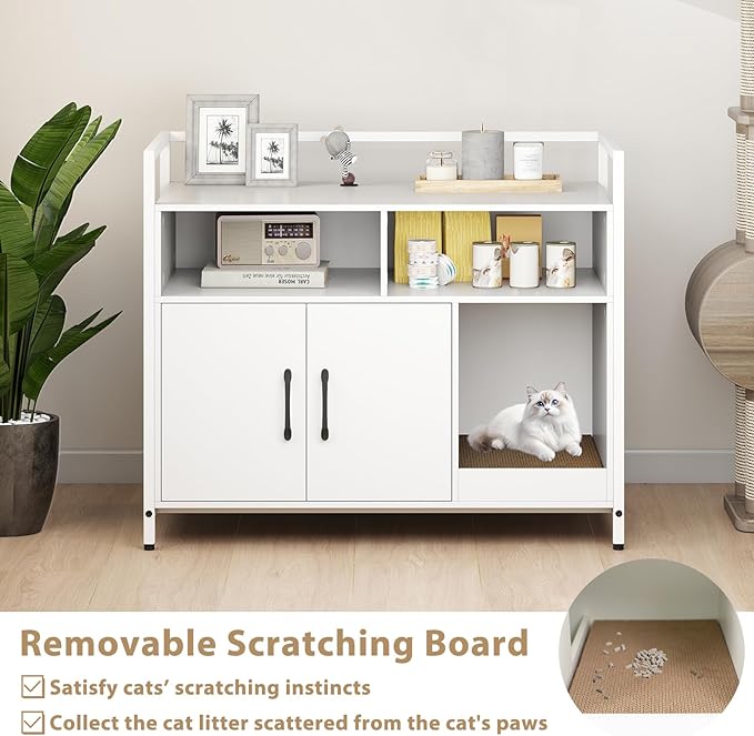 Giantex Cat Litter Box Enclosure - Cat Washroom Hidden Furniture with Front Entry, Scratcher, 2-Door Storage Cabinet, 2 Compartments, Air Vents, Metal Frame, Wooden Pet Crate House (White)