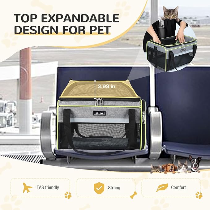 Lekereise Top-Expandable Pet Carrier 18x11x11Inch Delta American United Airline Approved Soft Sided Underseat to 15lbs Travel Carriers for Small Dogs Cats with Locking Safety Zippers Anti-Scratch Mesh