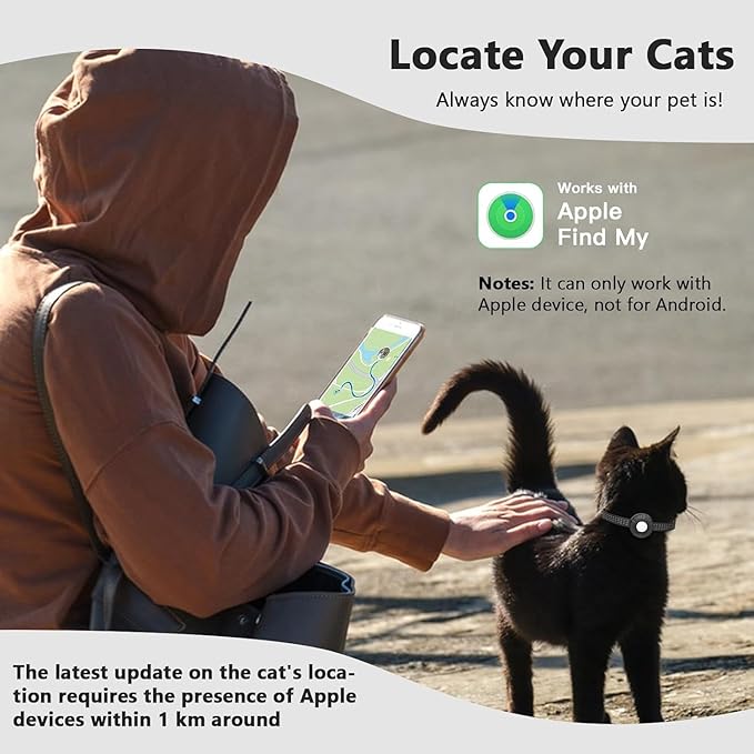 Cat Tracker Collar,No Monthly Fee Tracking Pet Collar with Finder Tag,Compatible with Apple Find My(iOS Only),Breakaway Tractive Design with Reflective Pattern & Bell