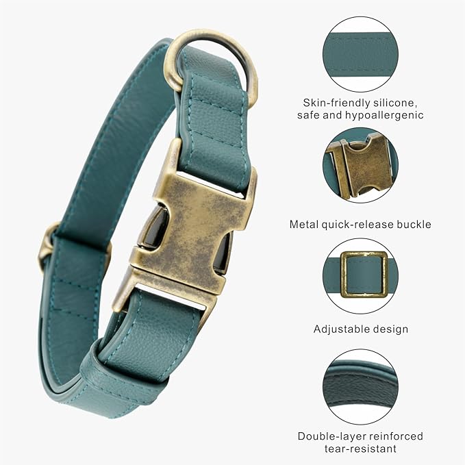 Dog Collar and Leash Set,Leather Silicone Waterproof Odor-Proof Dog Collar and Leash for Small Dogs, Soft Flexible Dog Collars, Durable Thick Adjustable Pet Collar (Green, Small (9-14" Neck))