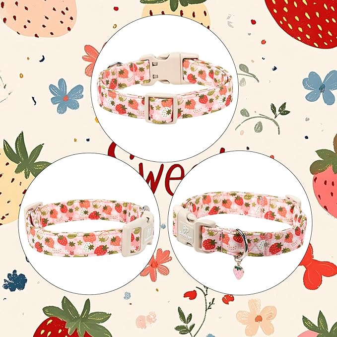 Strawberry Dog Collar for Small Dogs - Cute Spring Pink Dog Collars, Summer Pastel Puppy Collars, Soft Adjustable Boy Girl Dogs Collar with Quick-Release Buckle XS