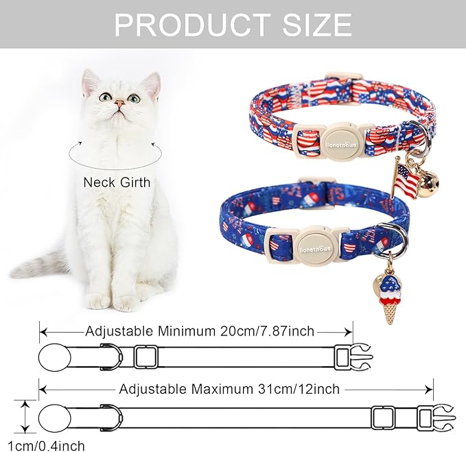 Lionet Paws 2pcs Pack 4th of July Cat Collar,Summer Cat Collars with Popsicle and USA Pattern,Cute Adjustable Cat Collar for Girl Boy Cats