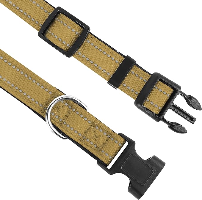 Reflective Dog Collar, Adjustable Soft Neoprene Padded Nylon Pet Collars with Buckle for Large Dogs, Khaki,L