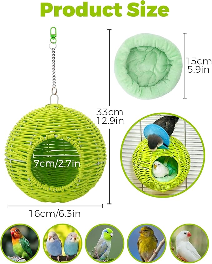 Chewproof Steel Frame Bird Nest for Cage, Washable Small Bird Bed Hammock Hideout Lay Eggs Parakeet Nest Sleep, Parakeet Warm Bed House Hut for Lovebird, Canary, Budgie, Finch (Green)
