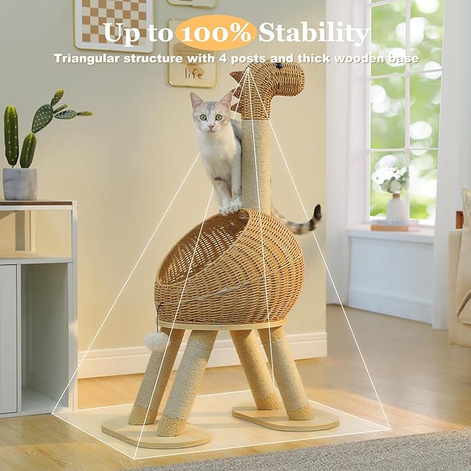 PAWZ Road Modern Cat Tree 46” Cat Dinosaur Tower with Scratching Post, Large Rattan Cats House in 18” Diameter, Wicker Cats Bed with Removable Mat