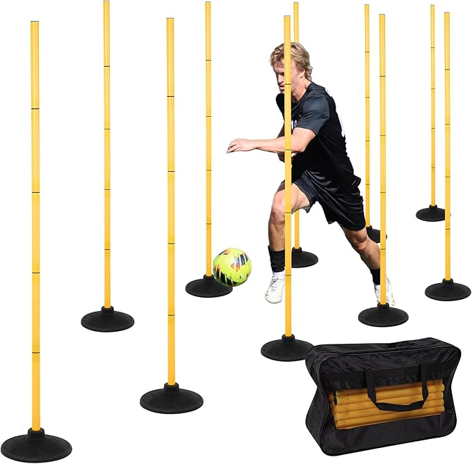 6 FT Agility Poles for Soccer, Basketball, Football, Equestrian, Pet Training, 4/6/8/10 Pack Detachable Soccer Poles w/Rubber Bases, Pole Bending Poles for Horses, Indoor/Outdoor Use