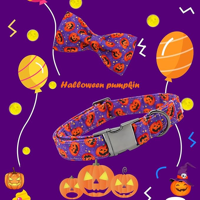 Dog Collar - Halloween Pumpkin Bowtie Pet Collar Gift Soft Bow Collar Pet Adjustable Metal Buckle Puppy Collars for Small Dogs