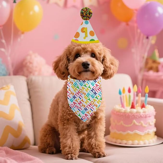 Dog Birthday Bandana Set, It's My Birthday Dog Scarfs, Pet HBD Party Decor Supplies with Colorful Polka Dots Hat Numbers Kerchief for Boy and Girl (Multicolor)